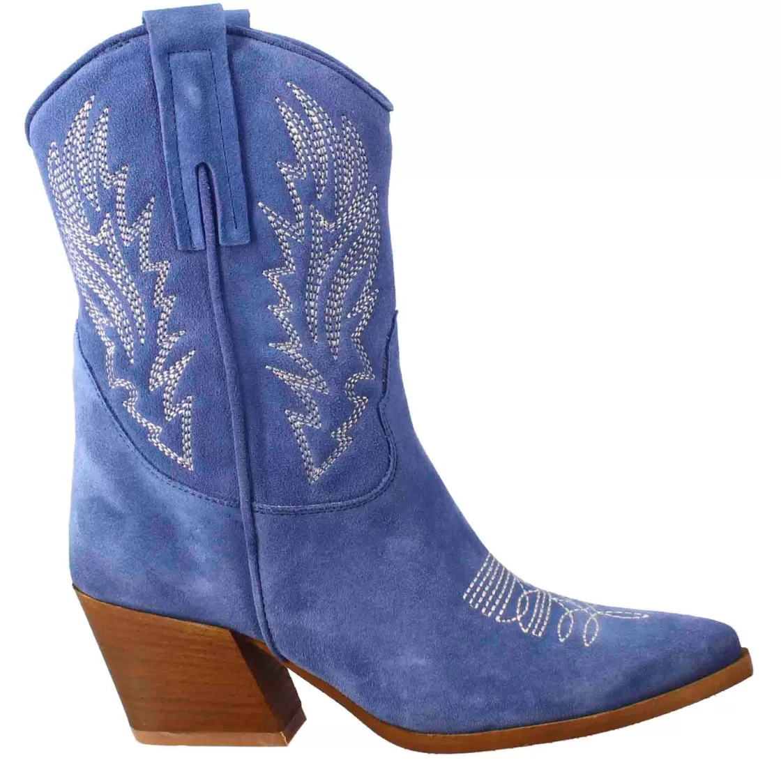 Hot Leonardo Shoes Stivaletto Texano Da Donna In Camoscio, Color Azzurro Con Ricamo. Celeste