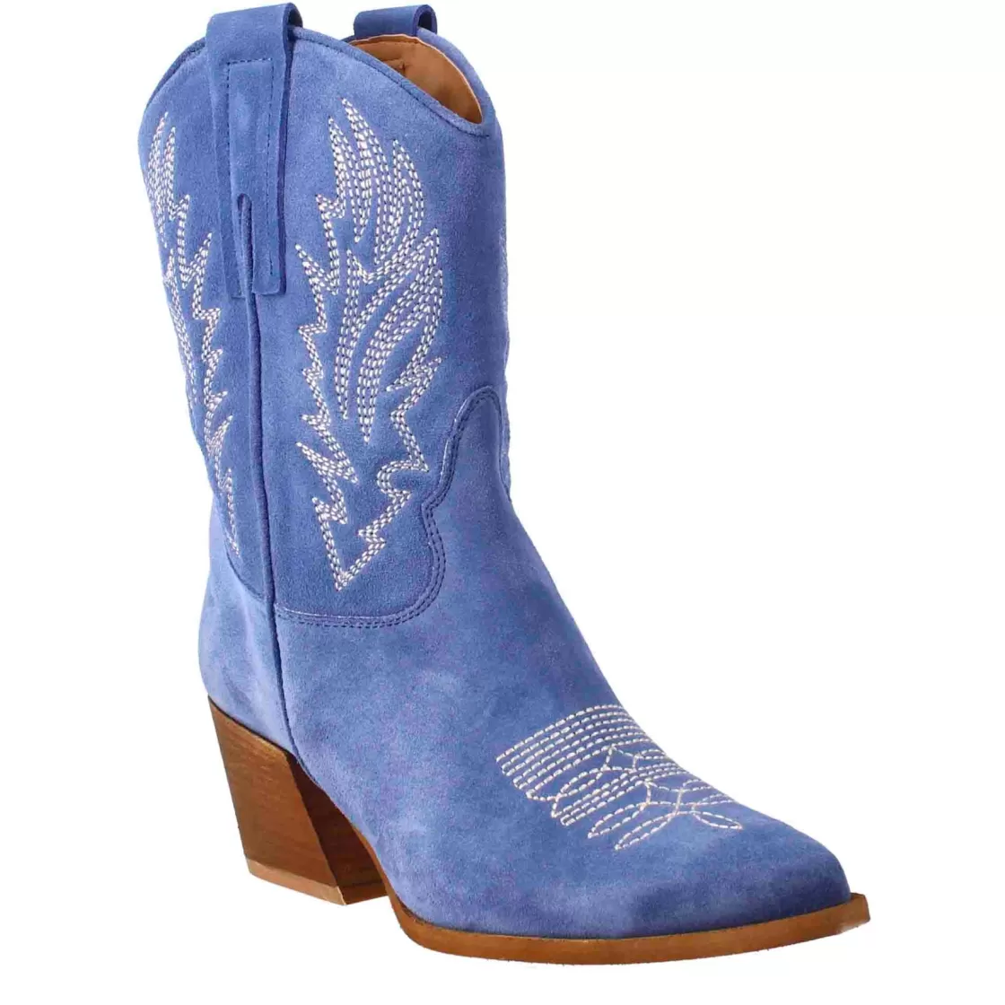 Hot Leonardo Shoes Stivaletto Texano Da Donna In Camoscio, Color Azzurro Con Ricamo. Celeste