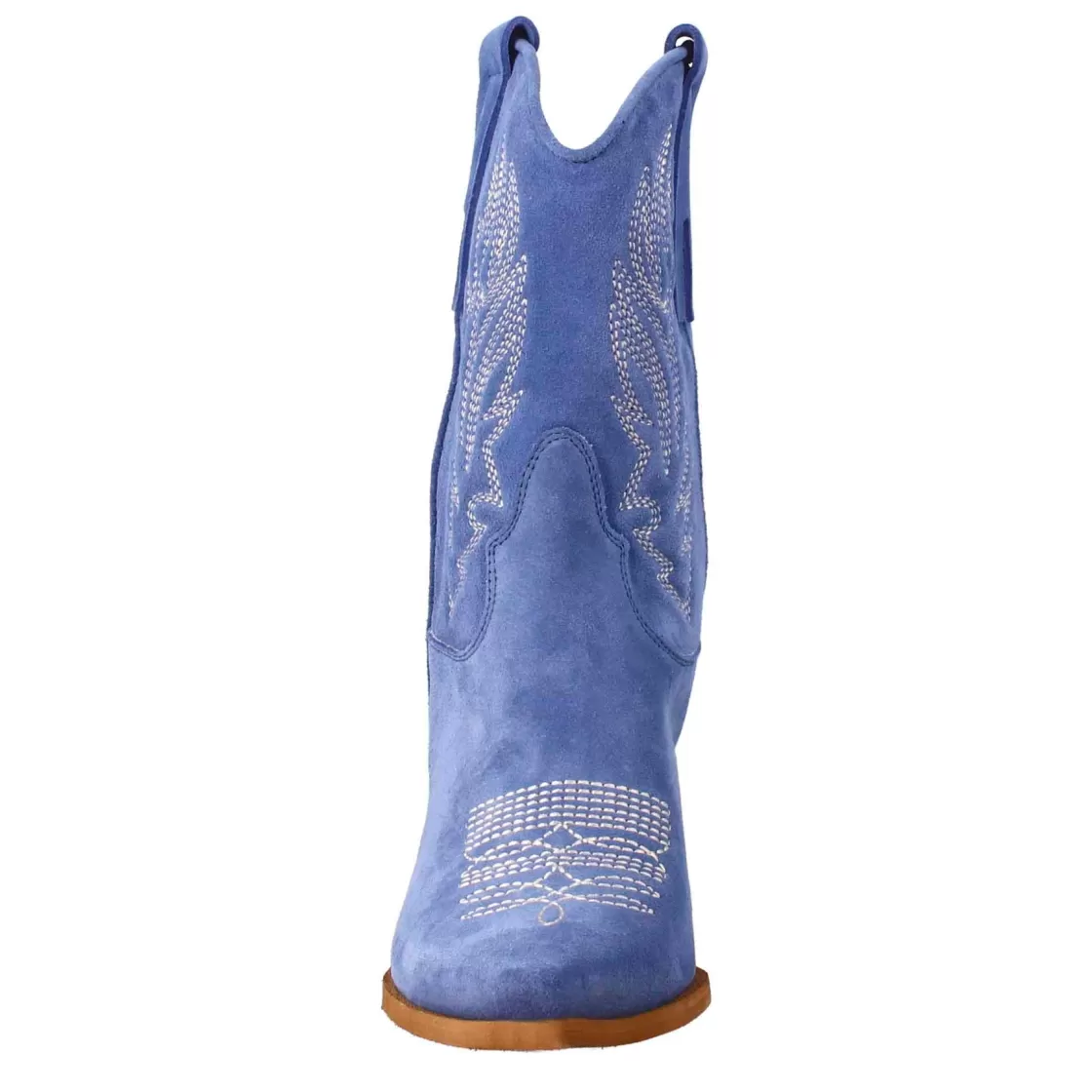 Hot Leonardo Shoes Stivaletto Texano Da Donna In Camoscio, Color Azzurro Con Ricamo. Celeste