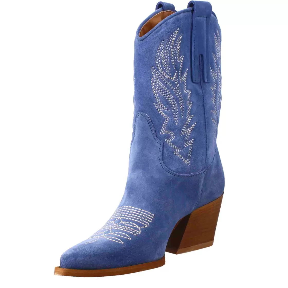Hot Leonardo Shoes Stivaletto Texano Da Donna In Camoscio, Color Azzurro Con Ricamo. Celeste