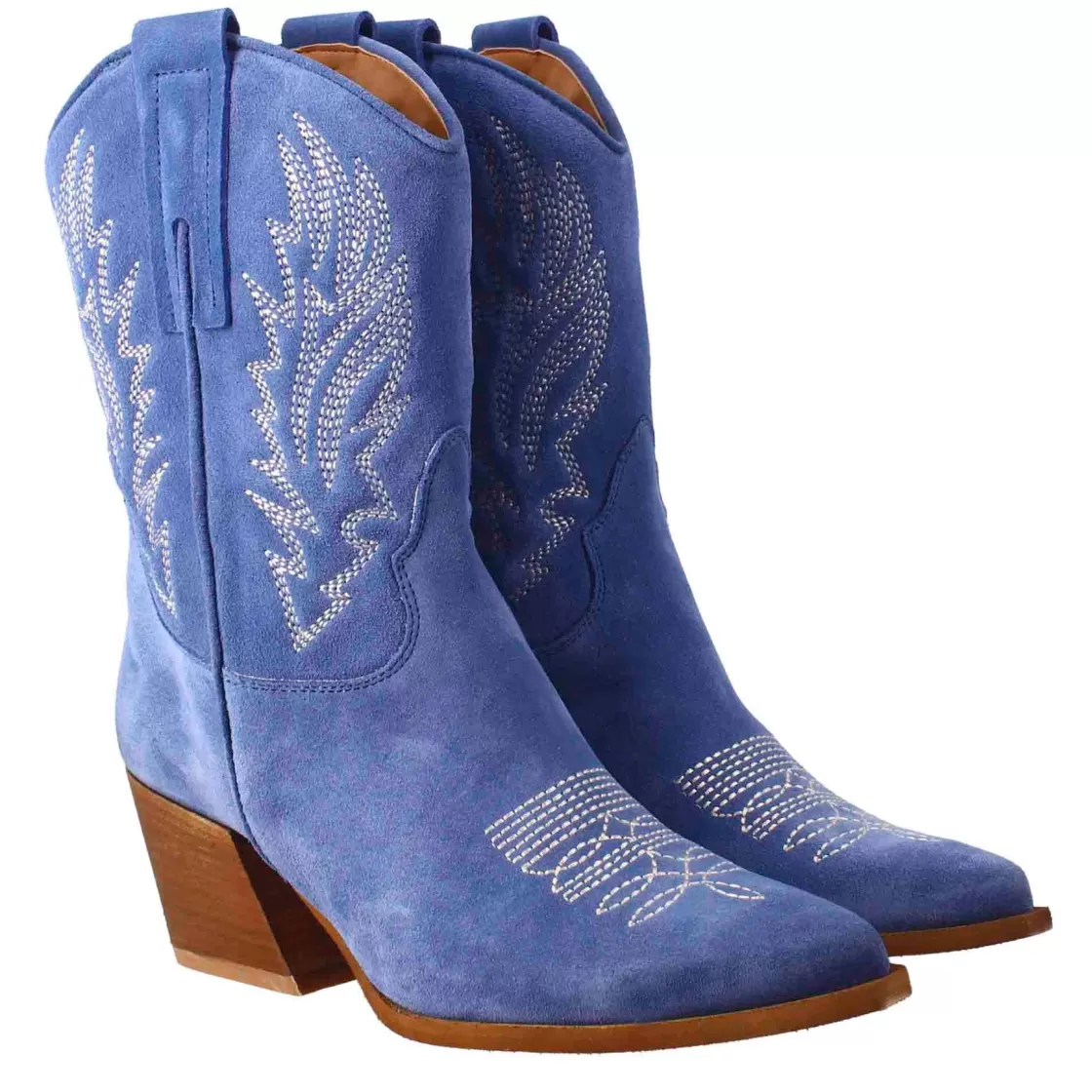 Hot Leonardo Shoes Stivaletto Texano Da Donna In Camoscio, Color Azzurro Con Ricamo. Celeste