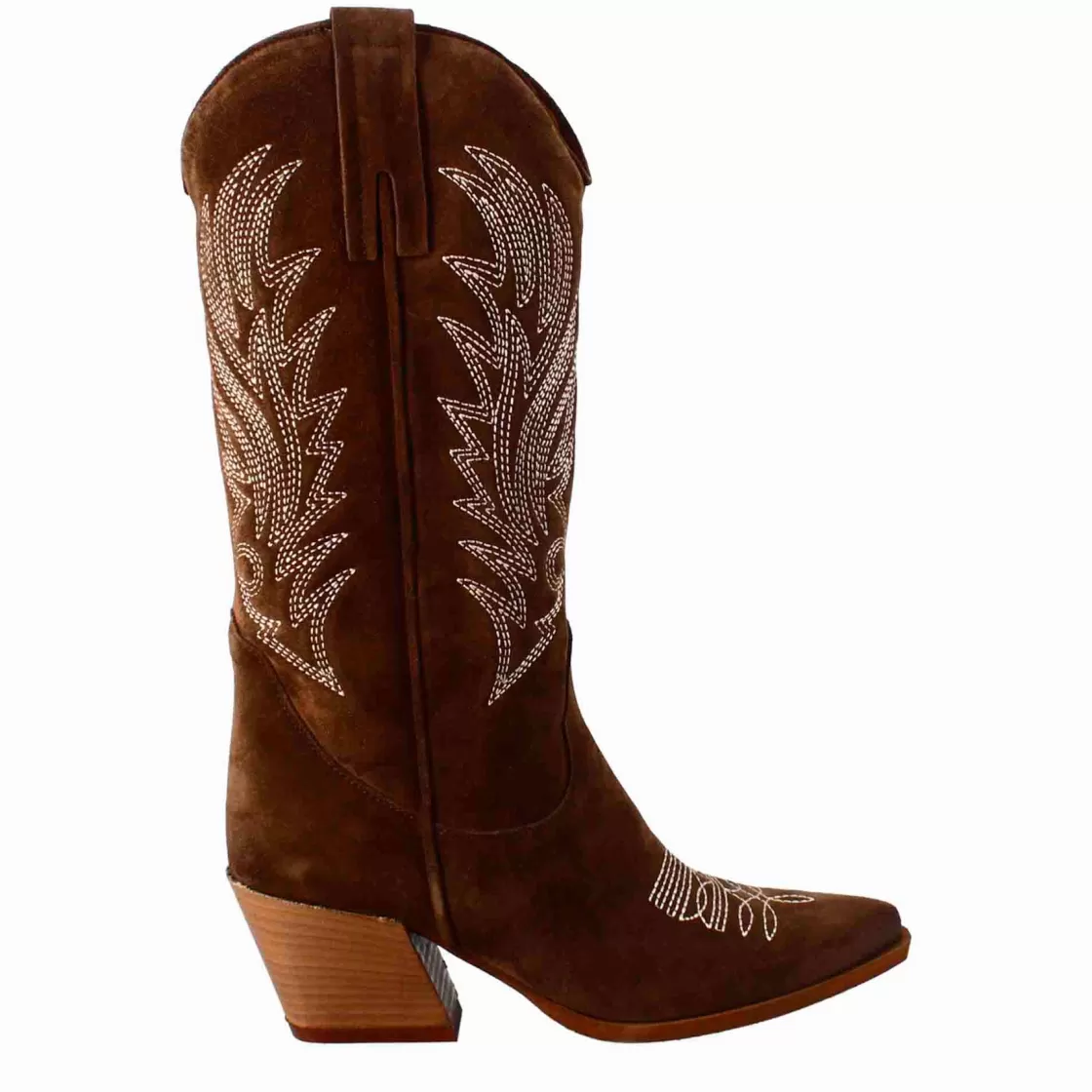 Clearance Leonardo Shoes Stivaletto Texano Da Donna In Camoscio Color Cioccolato Con Ricamo Marrone