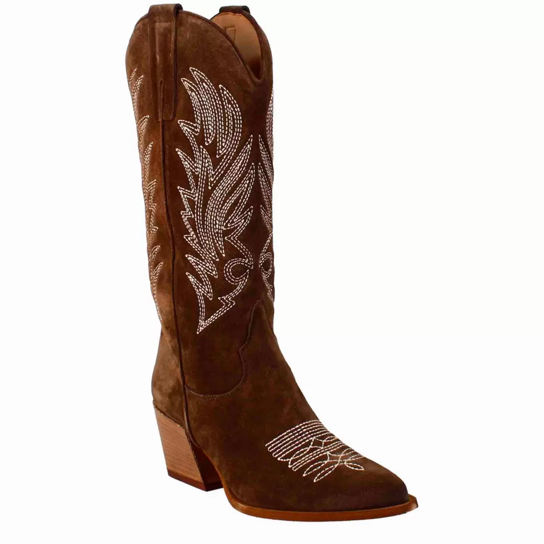 Clearance Leonardo Shoes Stivaletto Texano Da Donna In Camoscio Color Cioccolato Con Ricamo Marrone