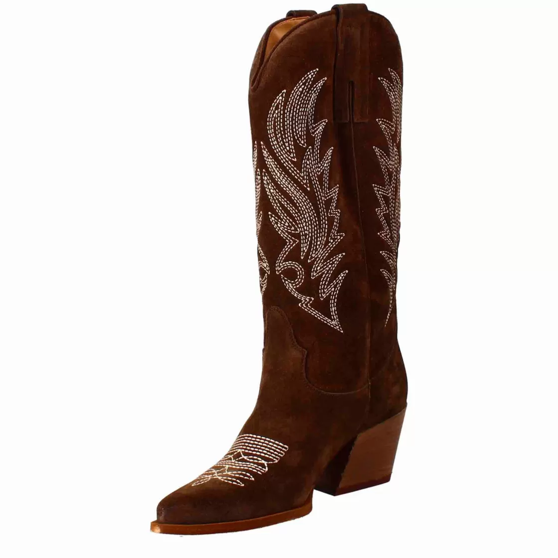 Clearance Leonardo Shoes Stivaletto Texano Da Donna In Camoscio Color Cioccolato Con Ricamo Marrone