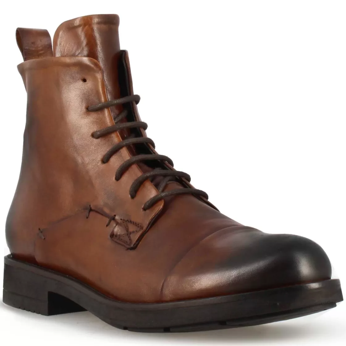 Hot Leonardo Shoes Stivaletto Vintage Da Uomo In Pelle Colore Con Allacciatura Marrone