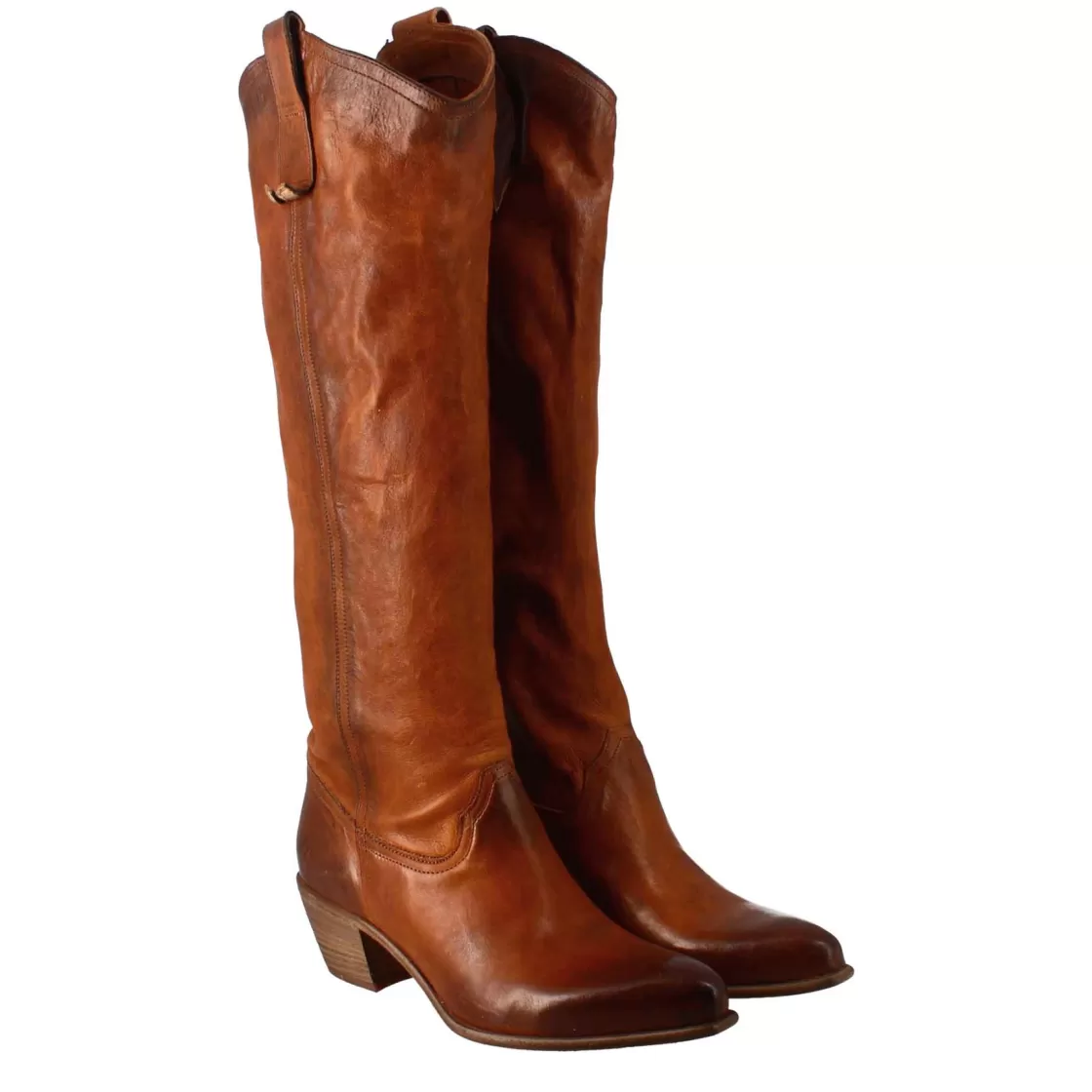 Outlet Leonardo Shoes Stivali Alti Texani Da Donna Fatti A Mano In Pelle Color Cuoio Con Cerniera Marrone