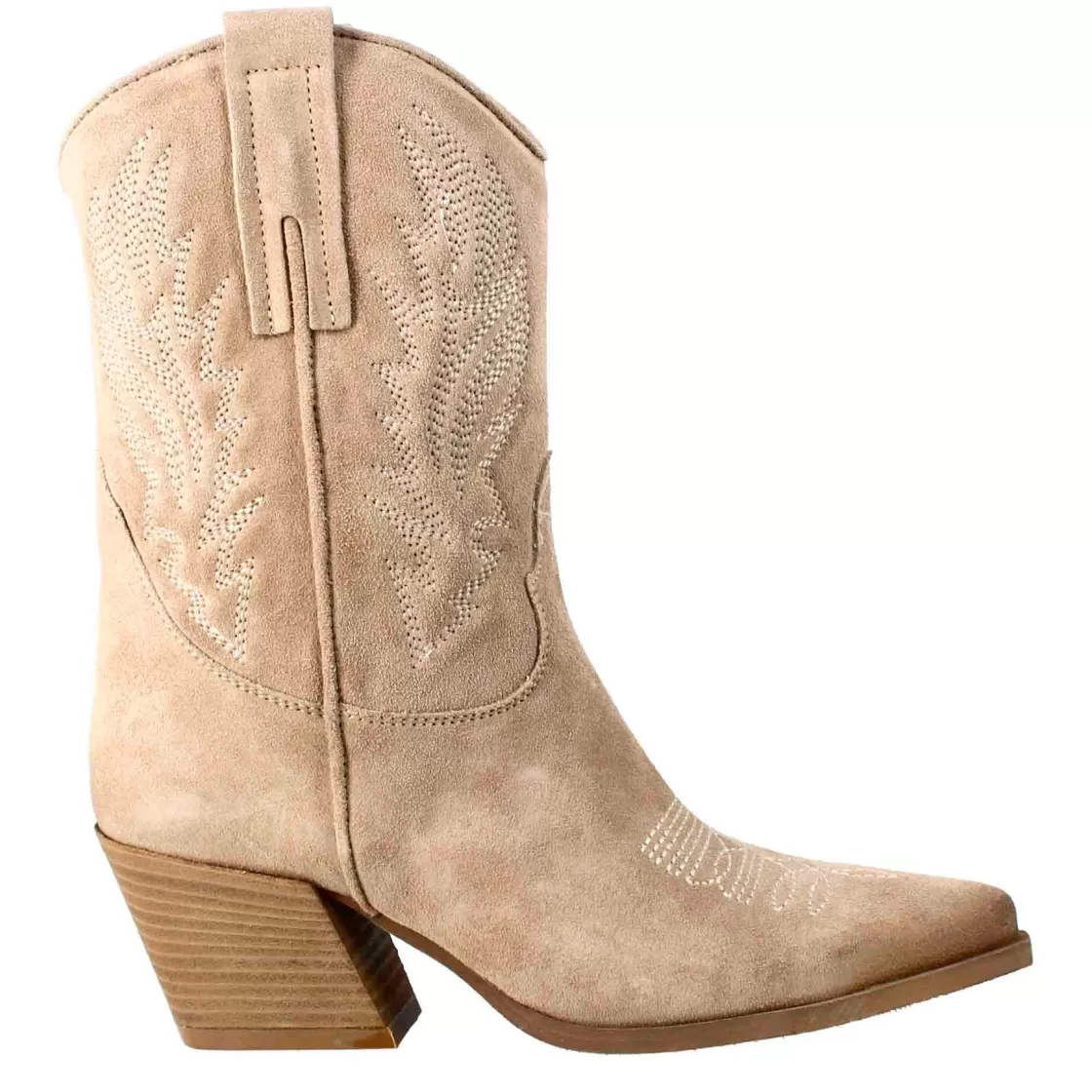 Shop Leonardo Shoes Stivali Texani Bassi Da Donna In Camoscio Con Ricami. Beige