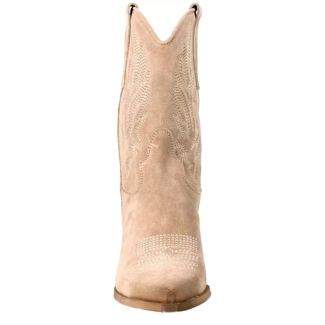 Shop Leonardo Shoes Stivali Texani Bassi Da Donna In Camoscio Con Ricami. Beige