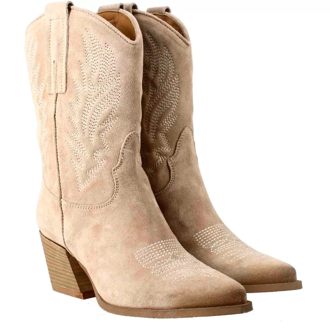 Shop Leonardo Shoes Stivali Texani Bassi Da Donna In Camoscio Con Ricami. Beige