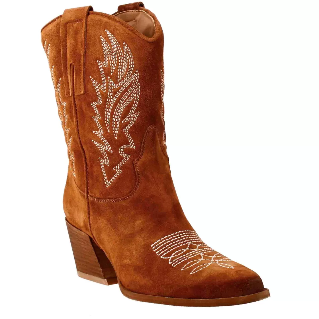 Hot Leonardo Shoes Stivali Texani Bassi Da Donna In Camoscio Marrone Bruciato Con Ricami. Marrone Chiaro