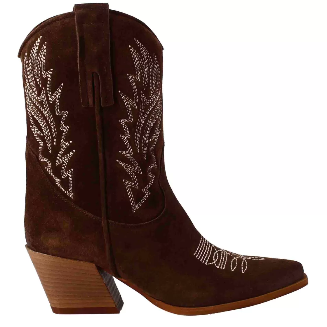 Discount Leonardo Shoes Stivali Texani Bassi Da Donna In Camoscio Con Ricami. Marrone Scuro
