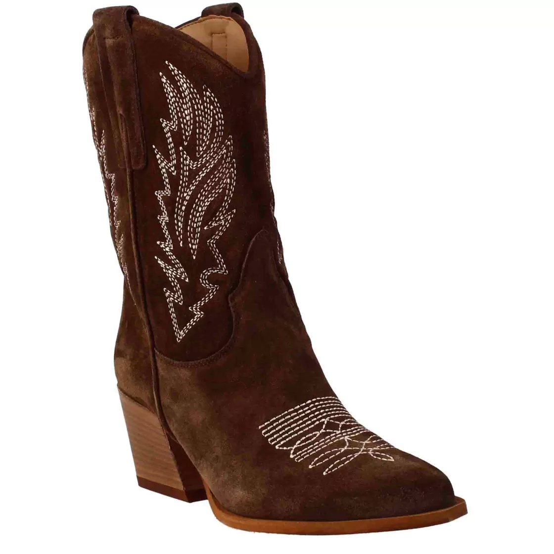 Discount Leonardo Shoes Stivali Texani Bassi Da Donna In Camoscio Con Ricami. Marrone Scuro