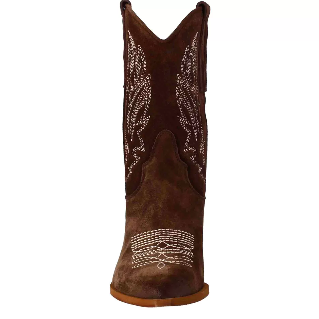 Discount Leonardo Shoes Stivali Texani Bassi Da Donna In Camoscio Con Ricami. Marrone Scuro