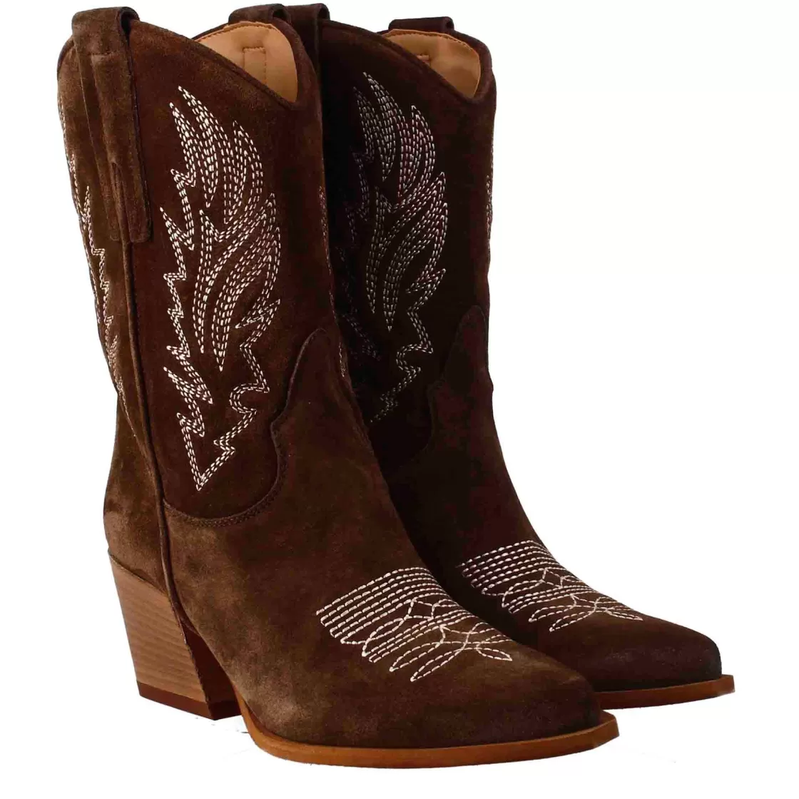 Discount Leonardo Shoes Stivali Texani Bassi Da Donna In Camoscio Con Ricami. Marrone Scuro