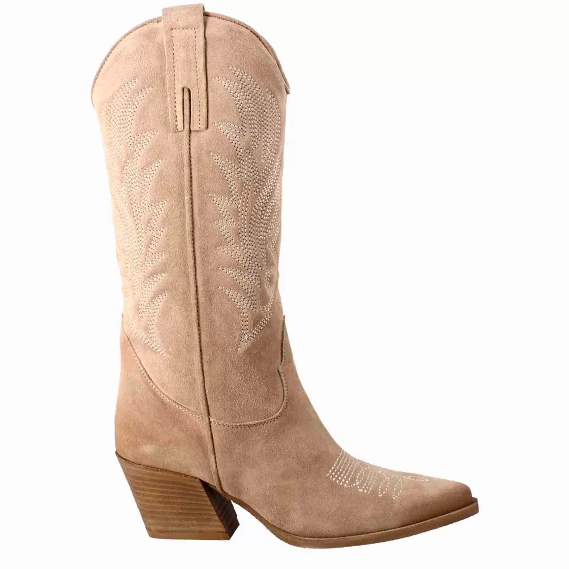 Hot Leonardo Shoes Stivali Texani Medi Da Donna In Camoscio Chiaro Con Ricami. Beige