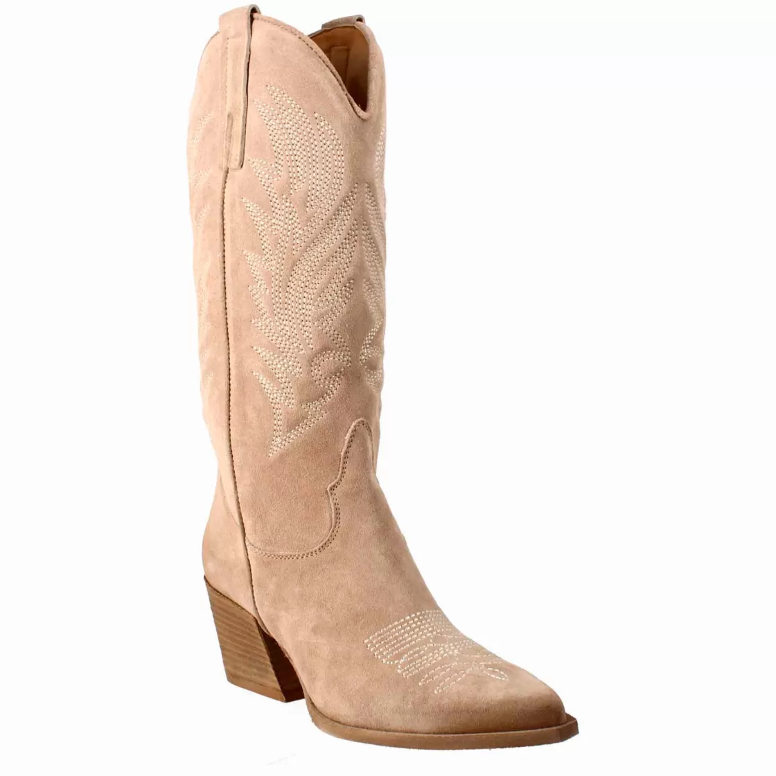 Hot Leonardo Shoes Stivali Texani Medi Da Donna In Camoscio Chiaro Con Ricami. Beige