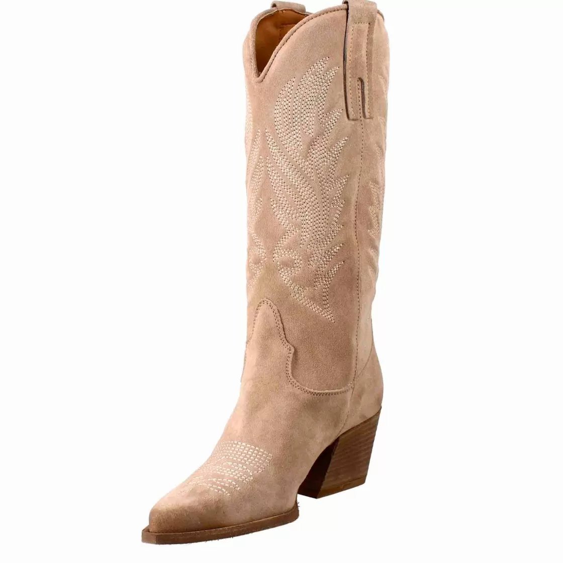 Hot Leonardo Shoes Stivali Texani Medi Da Donna In Camoscio Chiaro Con Ricami. Beige
