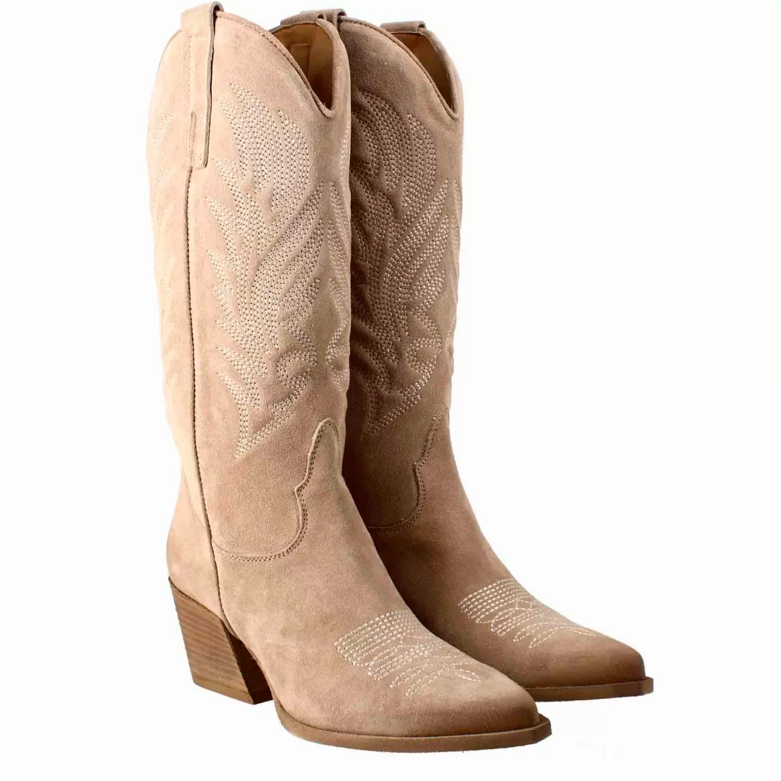 Hot Leonardo Shoes Stivali Texani Medi Da Donna In Camoscio Chiaro Con Ricami. Beige