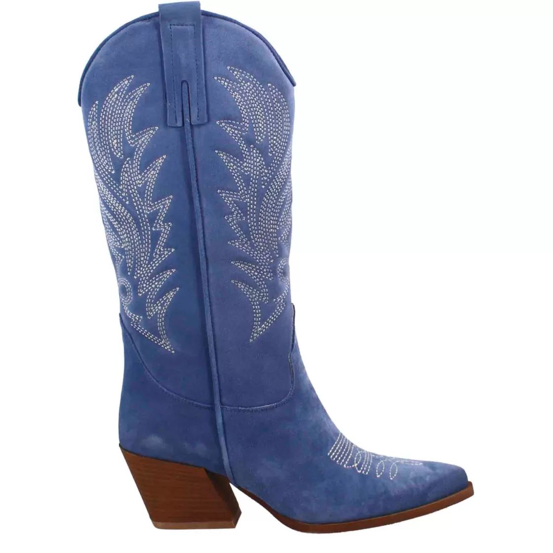 Fashion Leonardo Shoes Stivali Texani Medi Da Donna In Camoscio Con Ricami. Blu