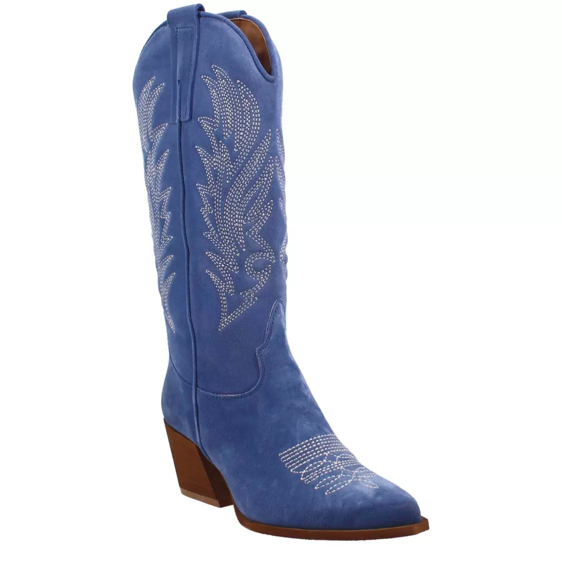 Fashion Leonardo Shoes Stivali Texani Medi Da Donna In Camoscio Con Ricami. Blu