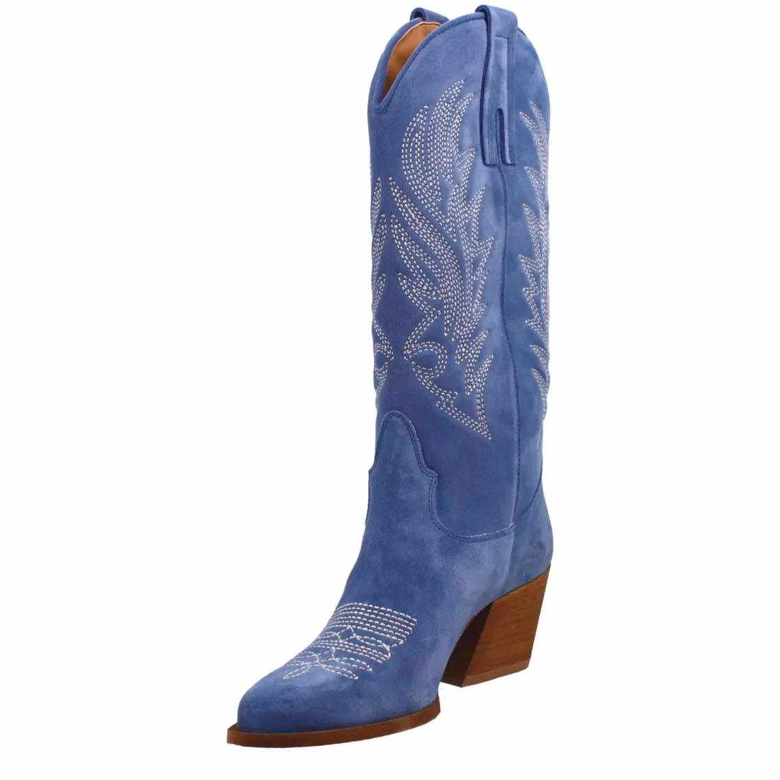 Fashion Leonardo Shoes Stivali Texani Medi Da Donna In Camoscio Con Ricami. Blu