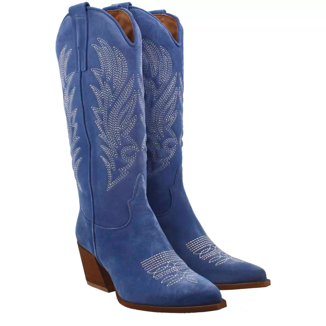 Fashion Leonardo Shoes Stivali Texani Medi Da Donna In Camoscio Con Ricami. Blu