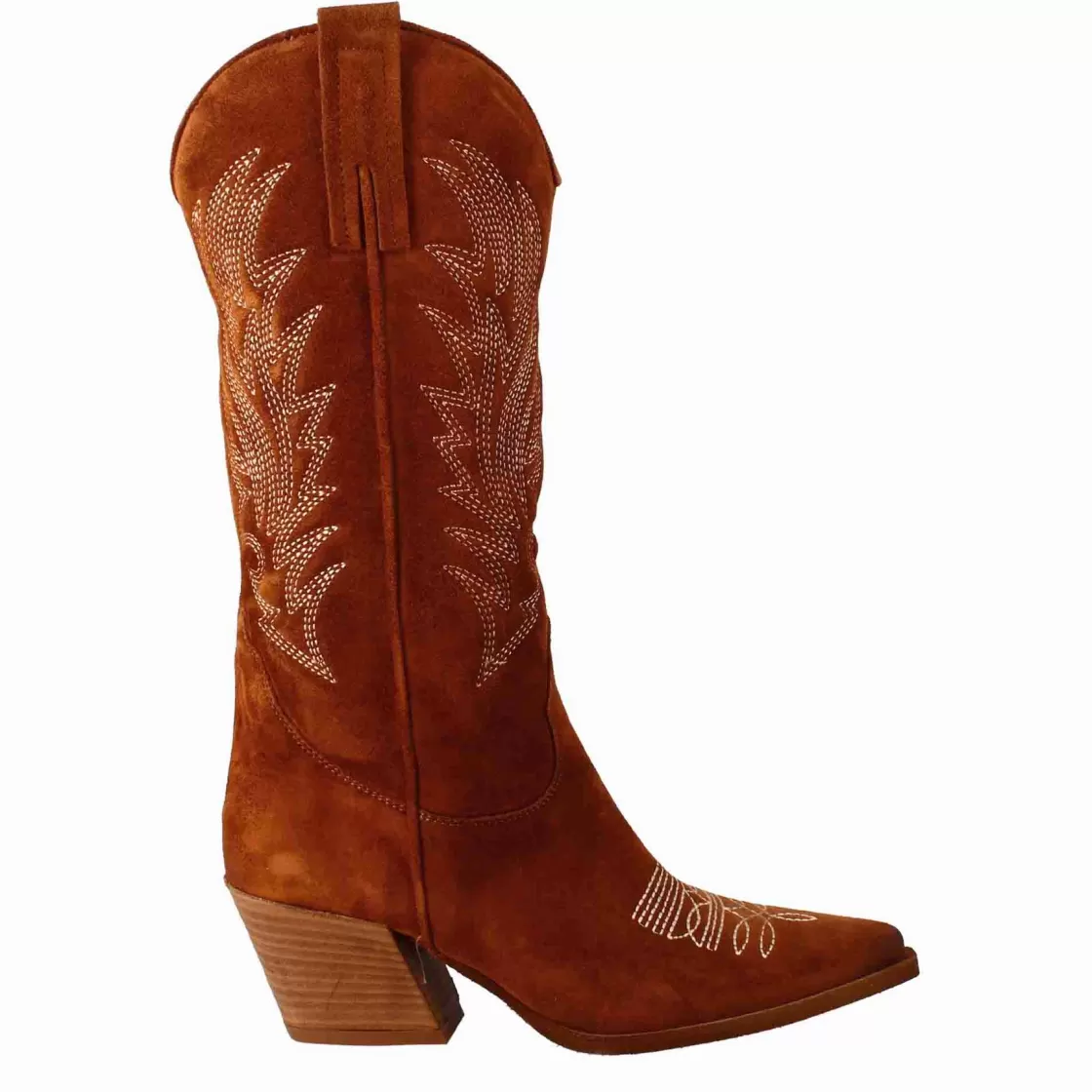 Discount Leonardo Shoes Stivali Texani Medi Da Donna In Camoscio Con Ricami. Marrone
