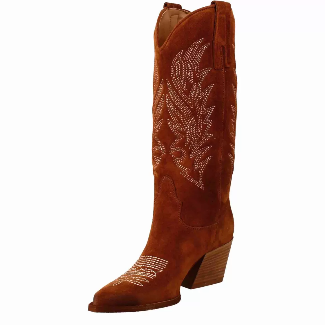 Discount Leonardo Shoes Stivali Texani Medi Da Donna In Camoscio Con Ricami. Marrone
