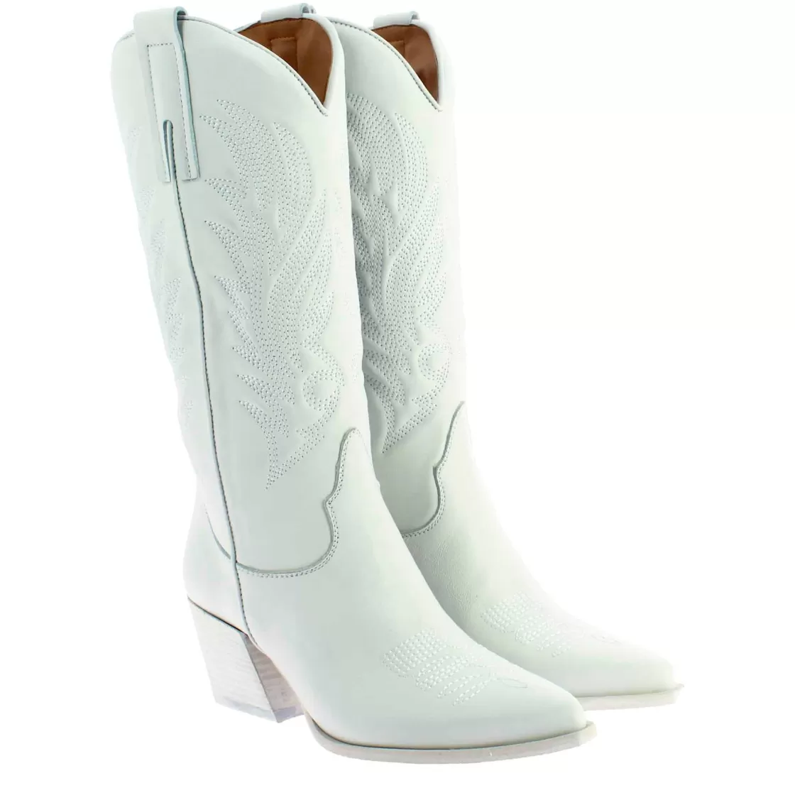 Hot Leonardo Shoes Stivali Texani Medi Da Donna In Pelle Colore Con Ricami. Bianco